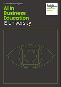 Report cover with eye icons and the text "AI in Business Education: IE University